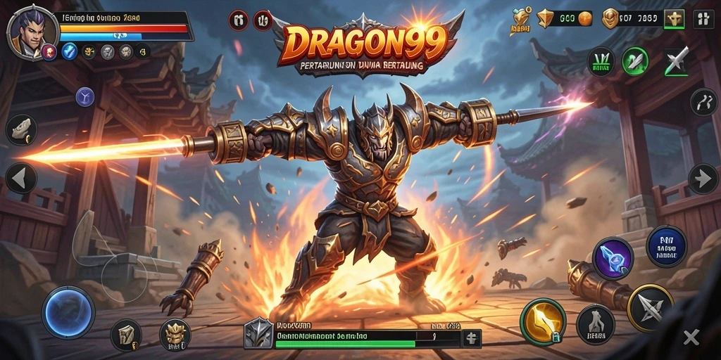 Screenshot utama DRAGON99 menampilkan pertarungan epik antara dua karakter.