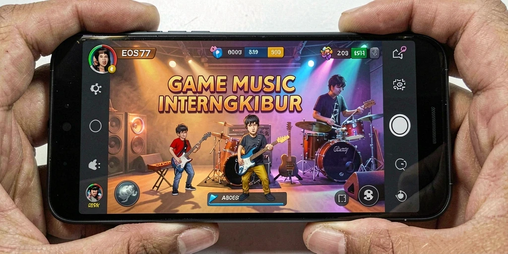 Tampilan gameplay EOS77 yang penuh energi dan interaksi musik.