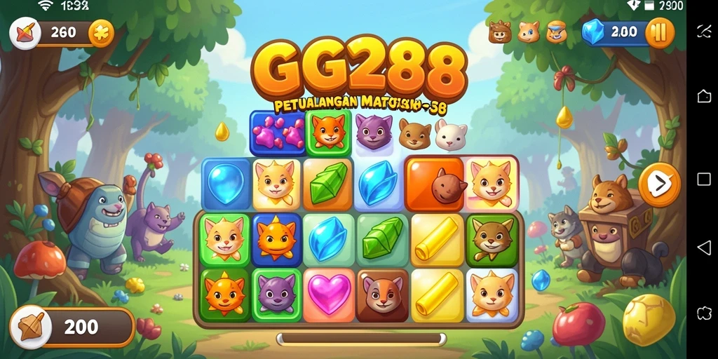 Tangkapan layar utama gameplay Match-3 GG288 dengan grafis menarik.