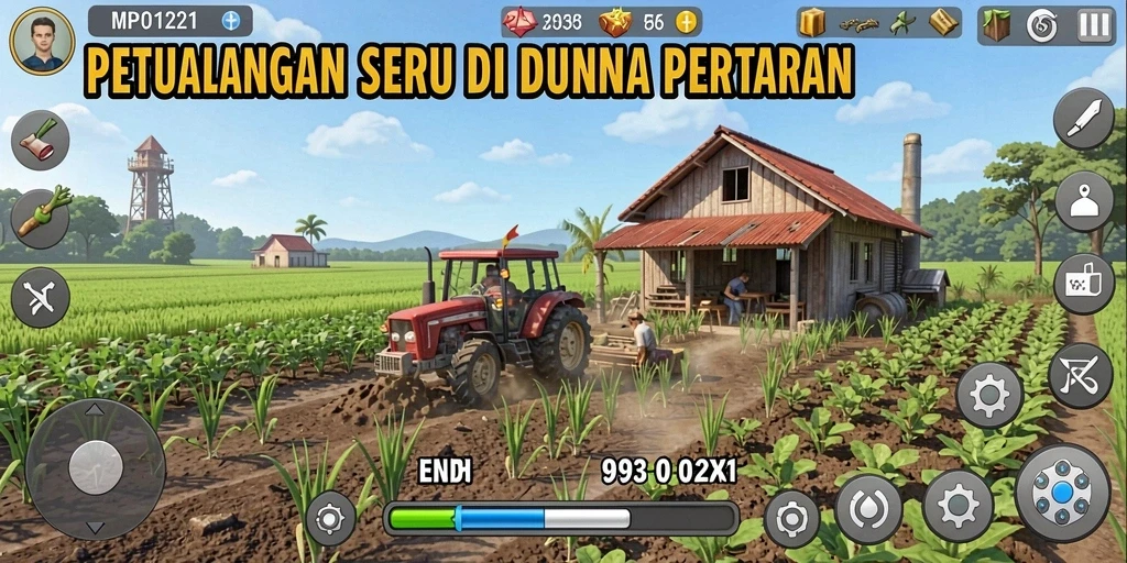 Tampilan gameplay MPO1221 yang menampilkan kebun yang subur dan beragam tanaman.