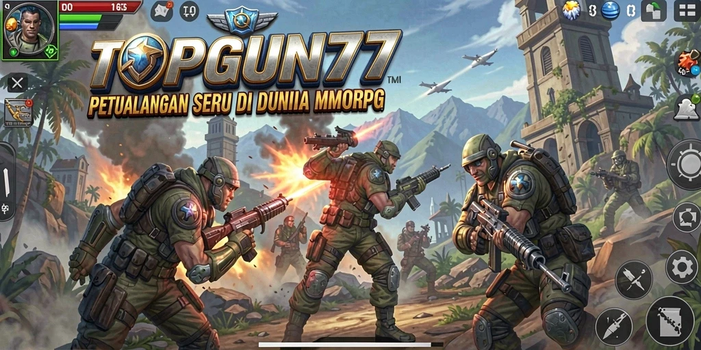Tangkapan layar gameplay <strong>TOPGUN77</strong> yang menampilkan pertarungan epik dan dunia yang luas.